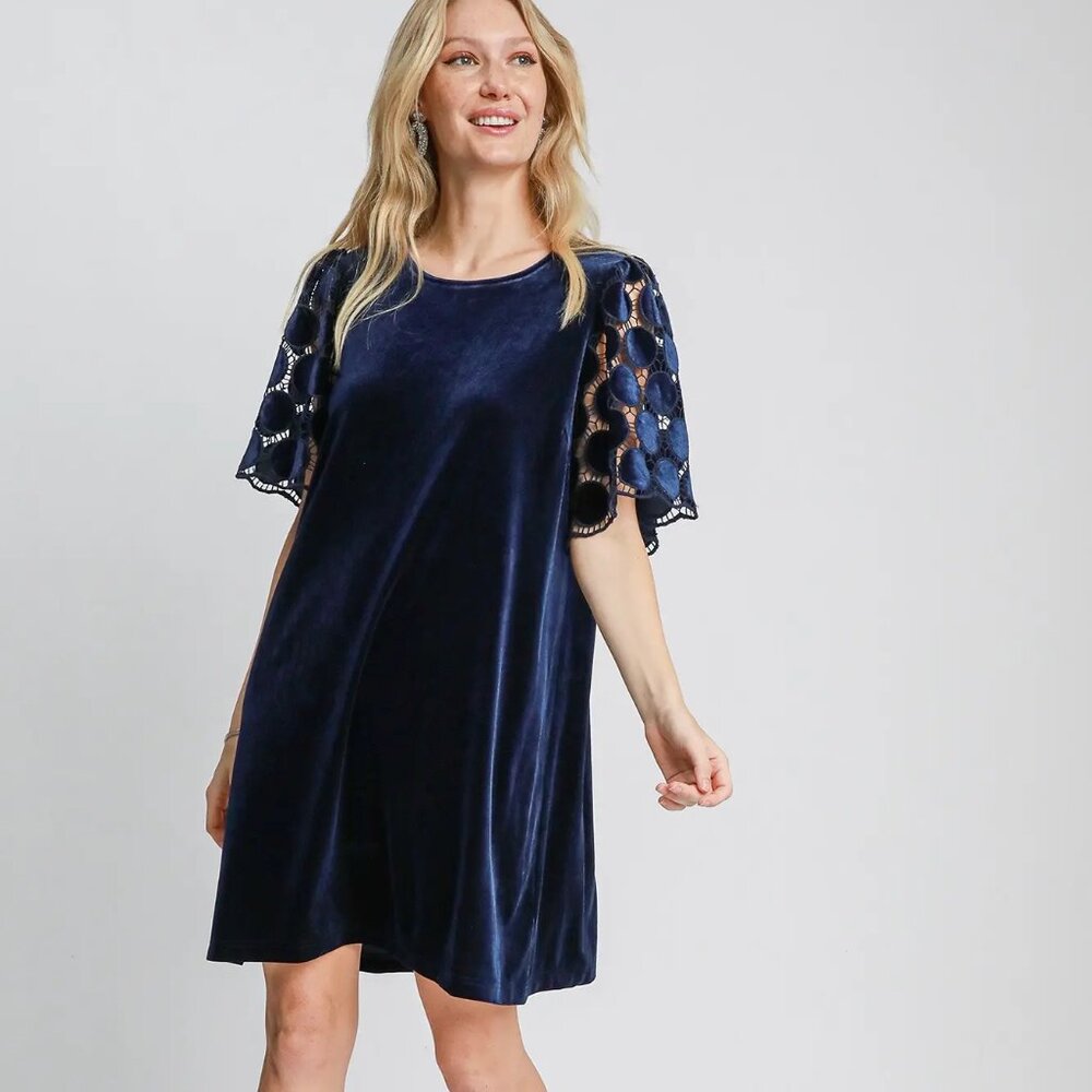 Umgee Navy Velvet Shift Dress Dotted Velvet Lace Short Sleeve Woman's Large NWT